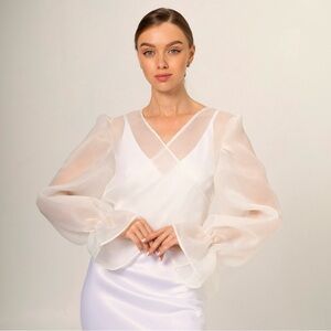 Sheer Long-Sleeve Wrap Blouse in Ivory